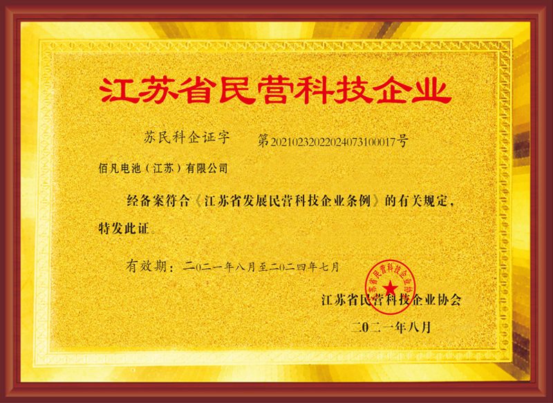 佰凡電池（江蘇）有限公司獲評“江蘇省民營科技企業”(圖1)